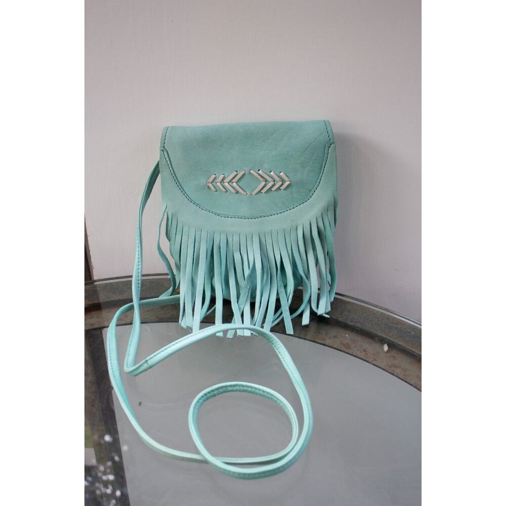 Cut n Paste‎ Meadow Festival Fringe Bag Aqua Leather Crossbody Shoulder Bag $160